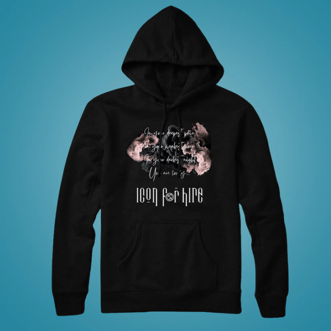 A black hoodie on a teal background with icon for hire album artwork.